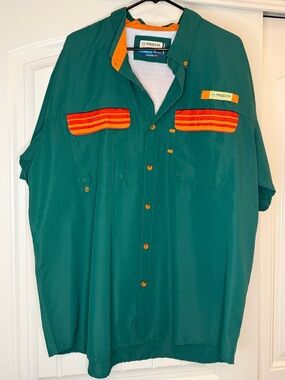 Magellan Outdoors Teal Short-Sleeve Button-Up with Orange Stripe Accents